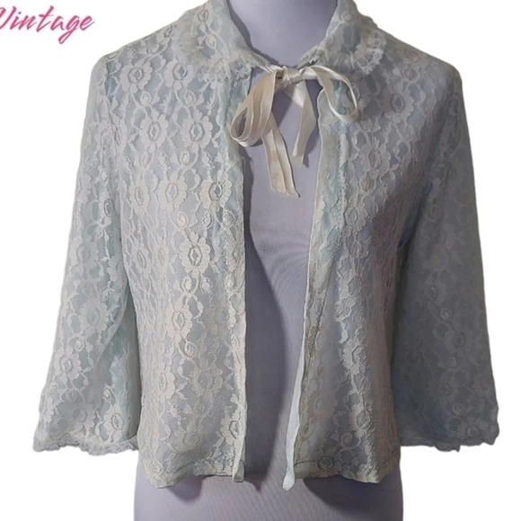 Baby Blue Lace‎ Open Front Bed Jacket white ribbon ties - Picture 1 of 10